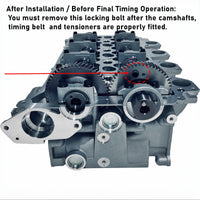 Camshaft view of a brand-new assembled 4D56U 2.5L DOHC turbo diesel complete cylinder headwith warning to remove scissor gear locking bolt