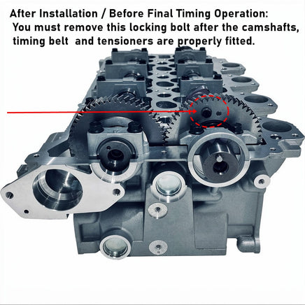 Camshaft view of a brand-new assembled 4D56U 2.5L DOHC turbo diesel complete cylinder headwith warning to remove scissor gear locking bolt