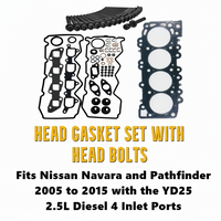 Head gasket set with head bolts for Nissan Navara and Pathfinder, featuring text on compatibility and specifications.