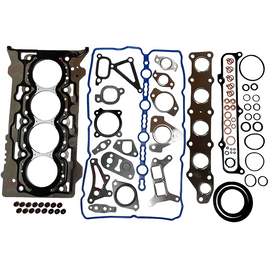 Automotive gasket set with various components on a white background