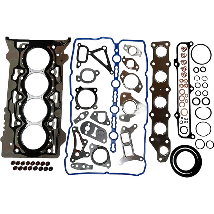 Automotive gasket set with various components on a white background