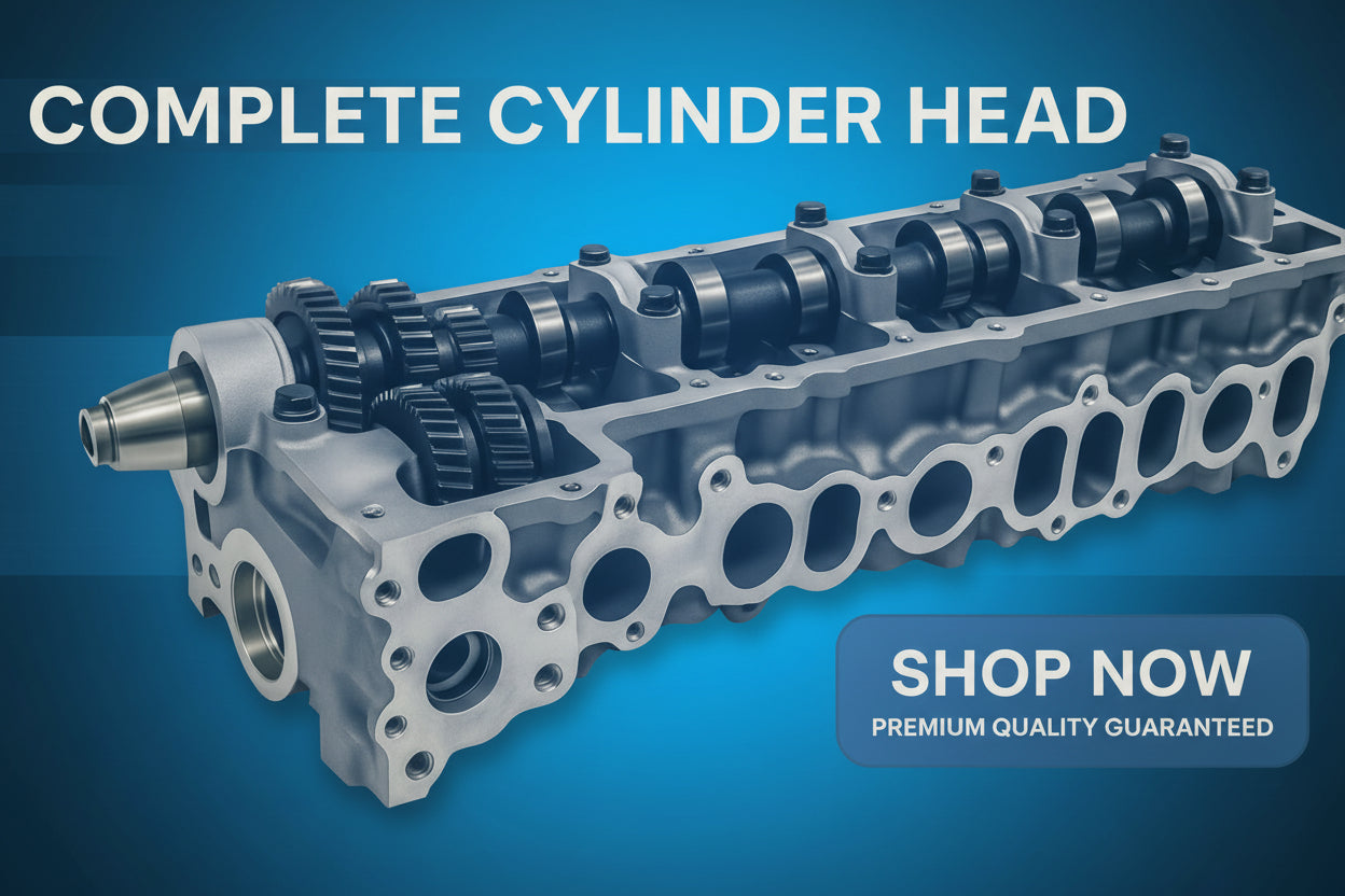 Complete cylinder head with 'Shop Now' and 'Premium Quality Guaranteed' text on a blue background